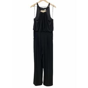 Vince Camuto Jumpsuit Black Rhinestone Metallic Gold Halter Pockets Wide Leg